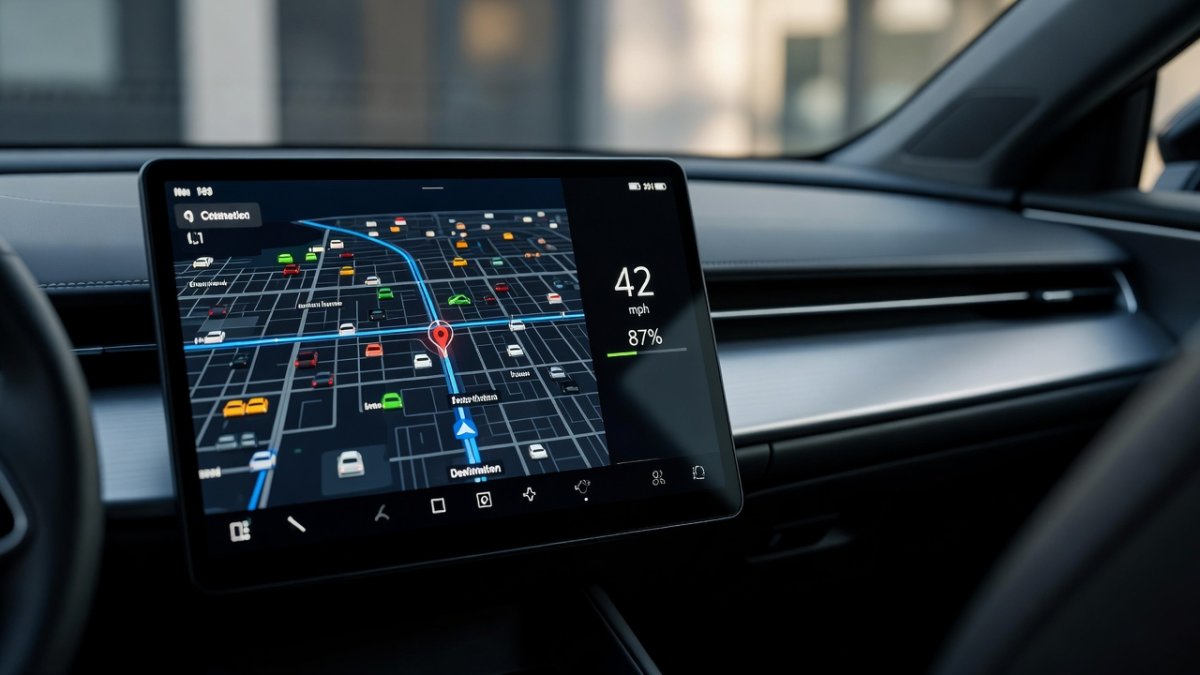Modern electric car dashboard display with navigation and speedometer