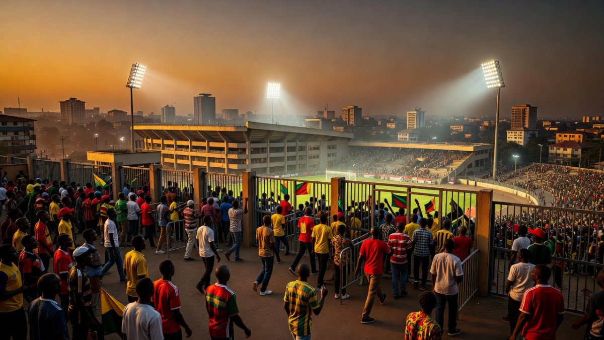 African football fans at a stadium at dusk, with CAF led by South Africa's Patrice Motsepe backing FIFA president Gianni Infantino