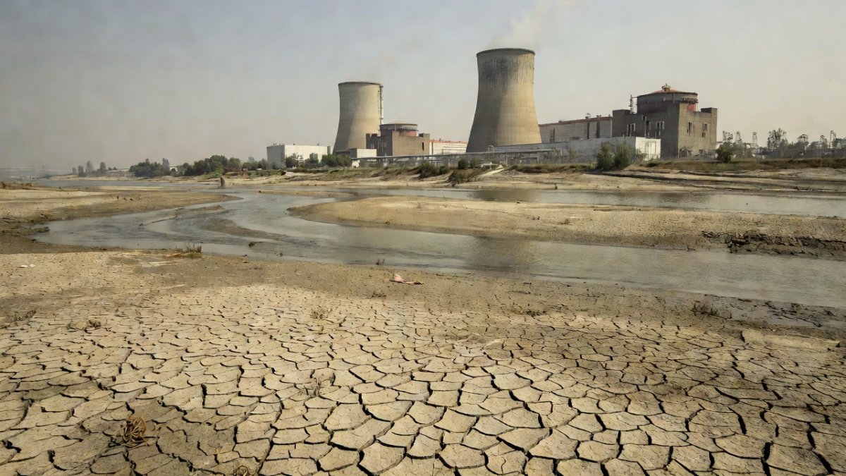 Paks nuclear power plant cooling towers above depleted Danube River