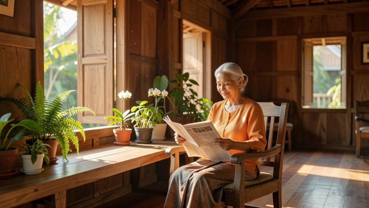 Bright airy living room in a Thai home designed with natural light for elderly residents