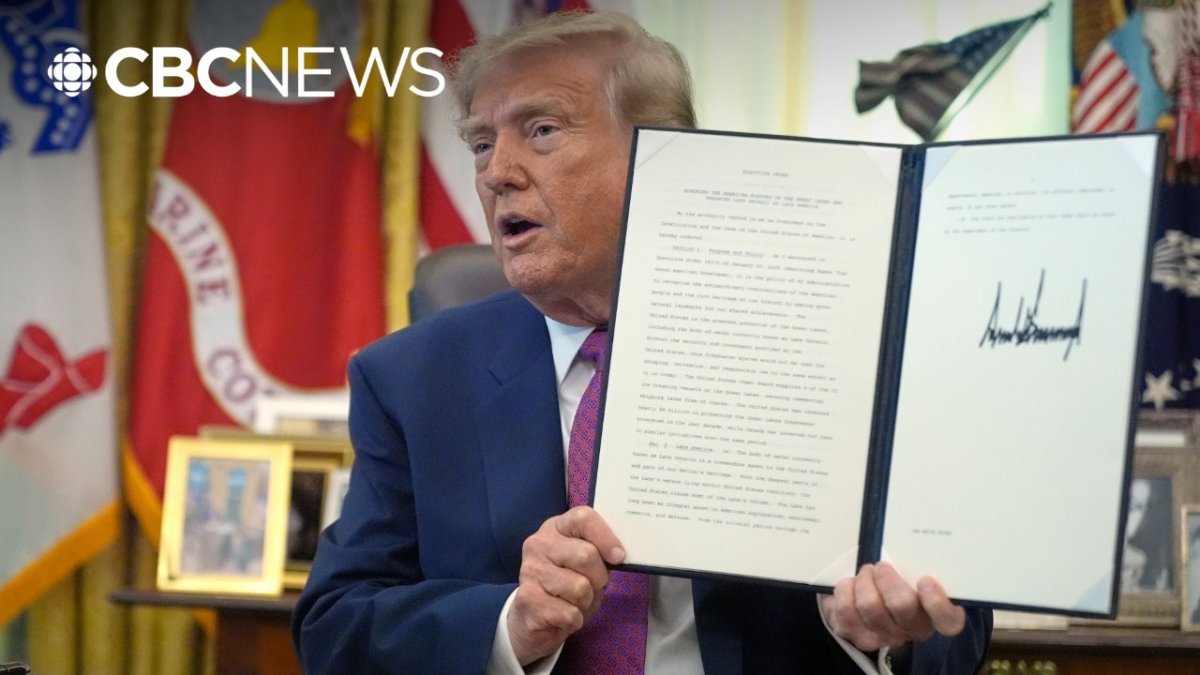 A map labelling Lake Ontario as Lake America displayed during the Oval Office signing ceremony