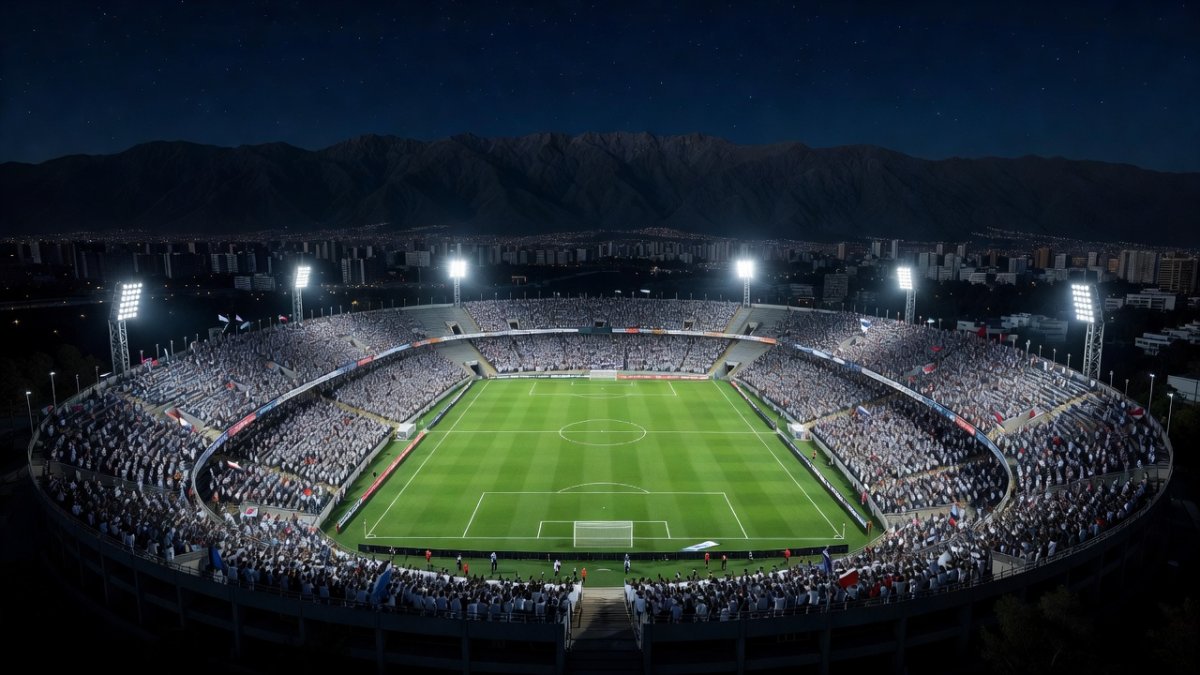 Aerial night view of Colo-Colo's stadium in Santiago with fans and floodlights