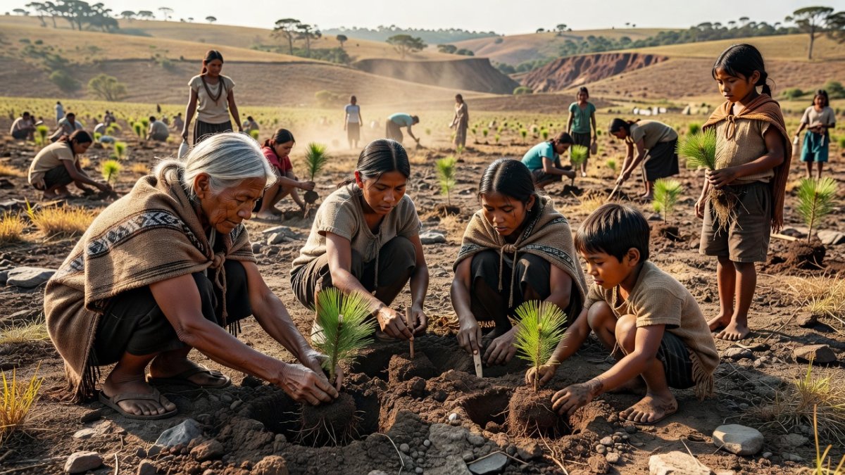 Xokleng community members planting Brazilian pine seedlings in the Ibirama-La Klãnõ Indigenous Territory