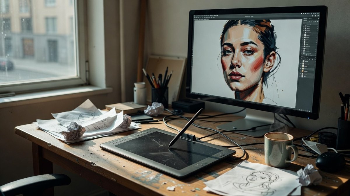 Digital artist creating AI artwork on a graphics tablet