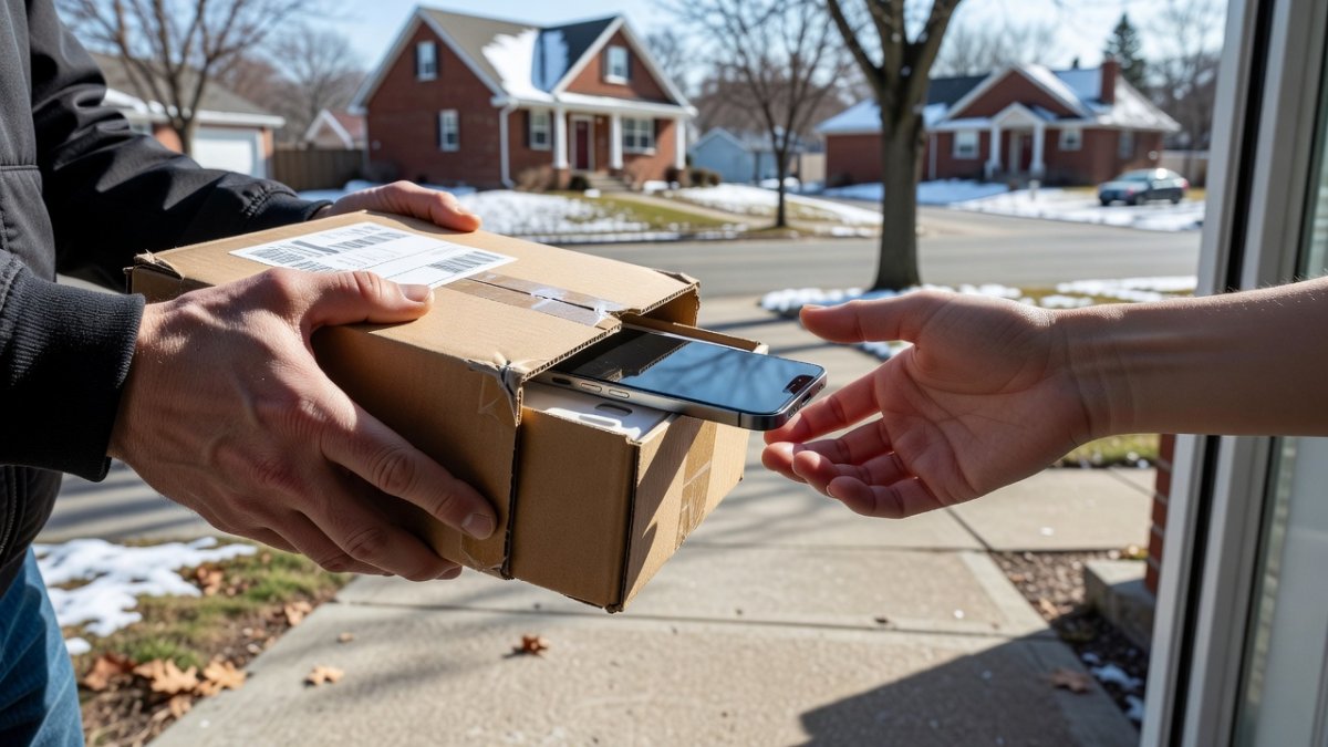 Courier delivery of a smartphone package at a Canadian residential doorstep