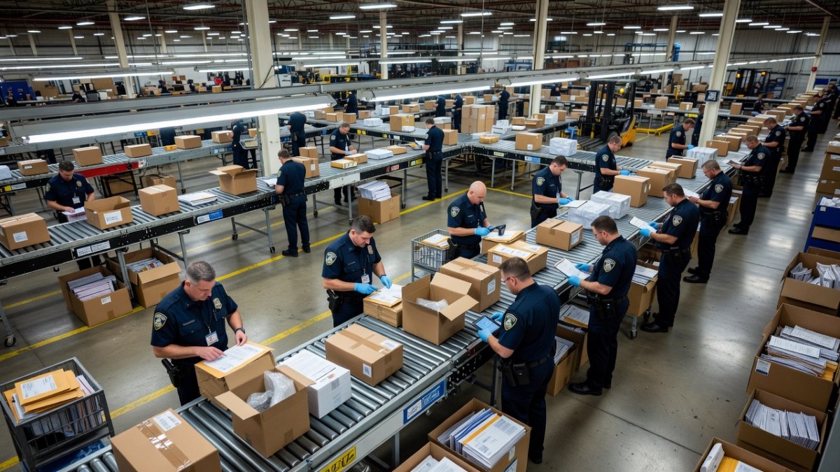 Customs officers inspecting parcels at an international mail sorting facility