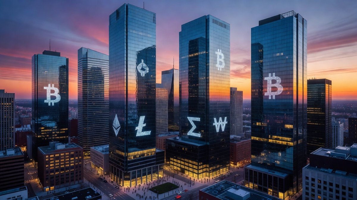 Aerial view of a financial district at dusk, representing the cryptocurrency industry