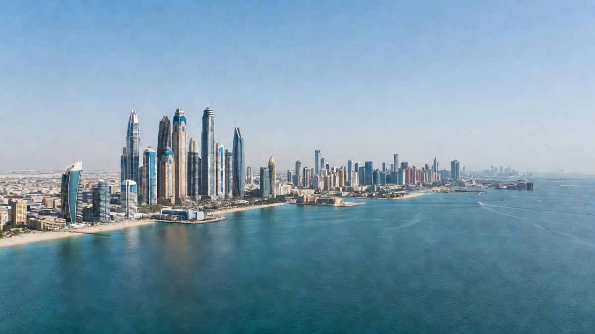 Dubai skyline at dusk with missile defense systems visible on the horizon