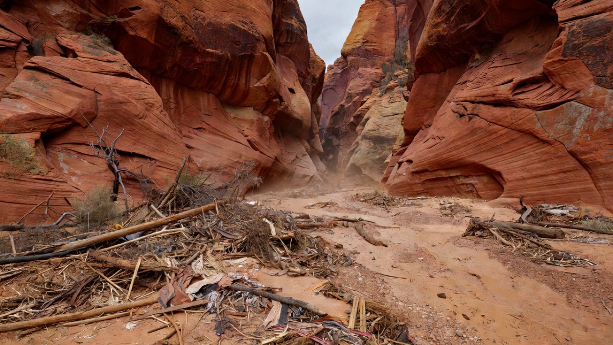 Flood debris piled against red-rock canyon walls after the flash flood