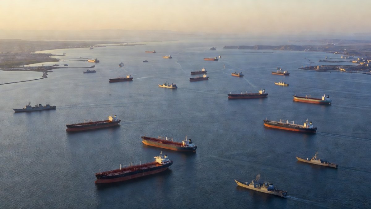 Oil tankers and naval vessels in the Strait of Hormuz at dawn