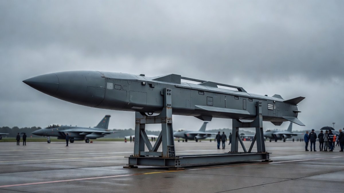 A long-range cruise missile on static display, the class of weapon Ukraine will now be helped to build at home
