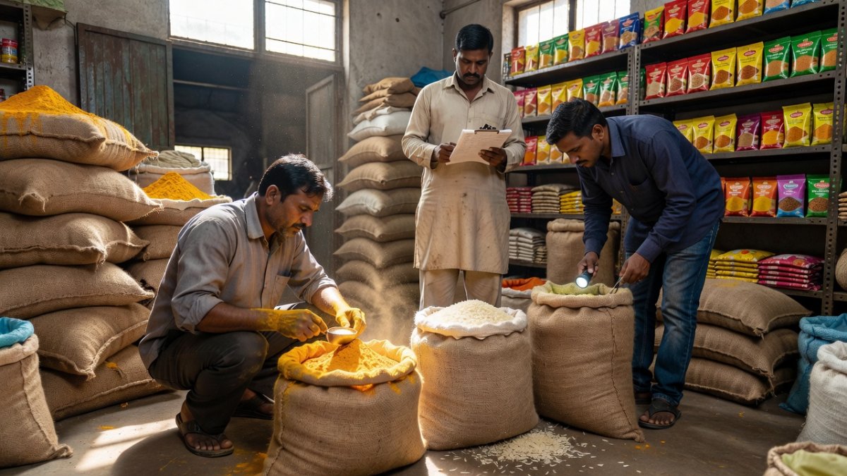 Seized sacks of adulterated spice stock at the raided Kanpur unit