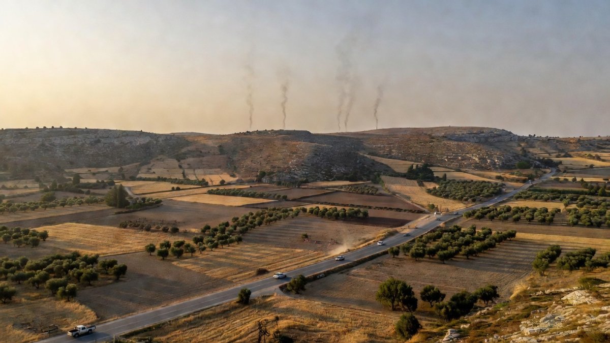Smoke rises from the Ali al-Taher Ridge near Nabatieh al-Fawqa after Israeli shelling, with residents fleeing north on congested roads