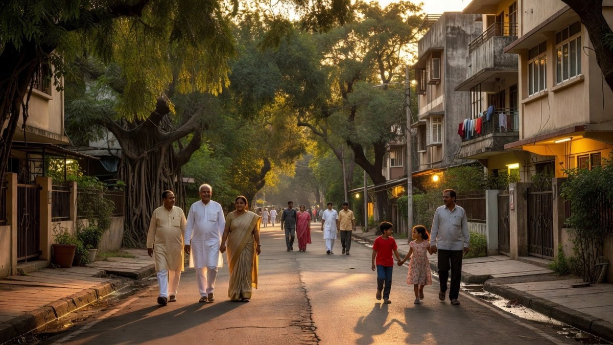 Indian adults walking after dinner in a residential colony in Pune