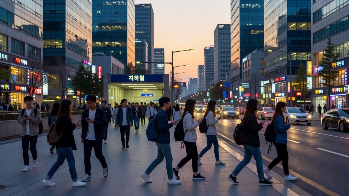 Young adults walking on a Seoul street at dusk