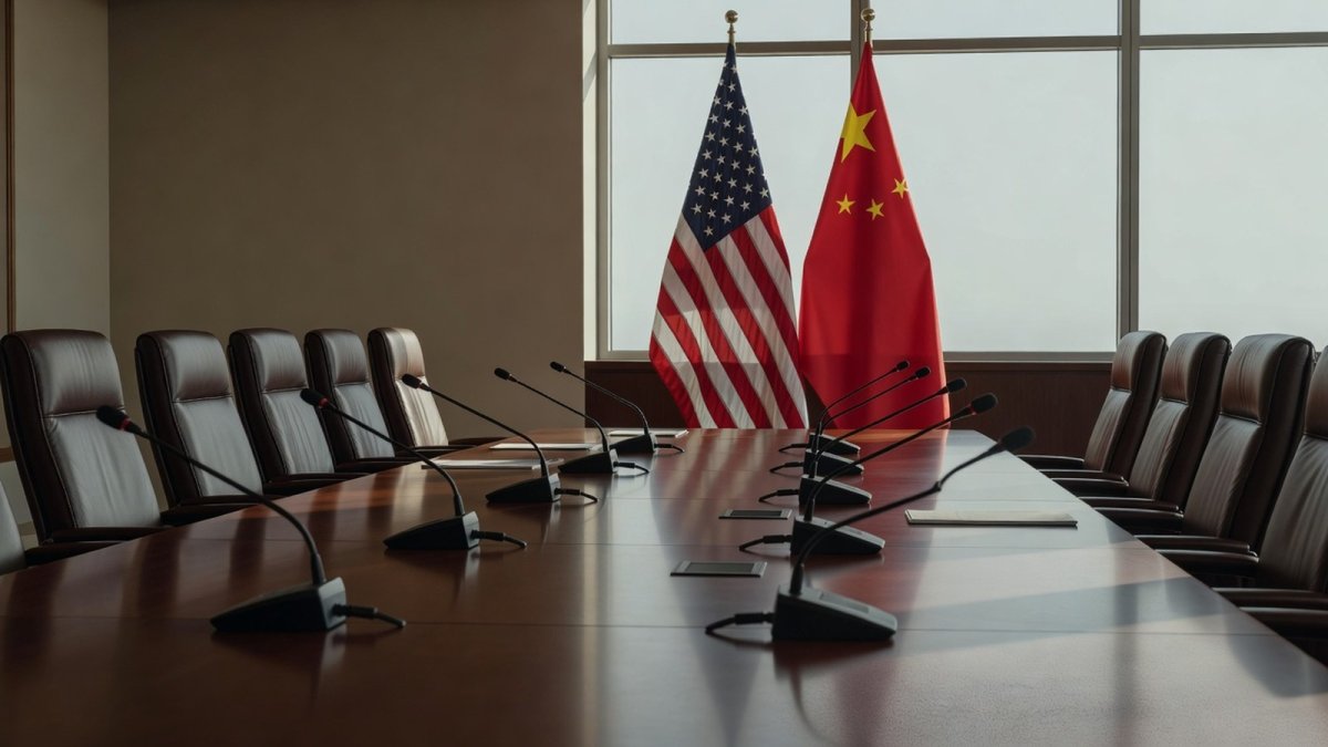 The flags of the United States and China side by side at a diplomatic venue, symbolizing the coming summit talks