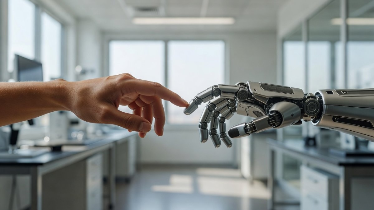 Human hand and robotic hand reaching toward each other in a laboratory