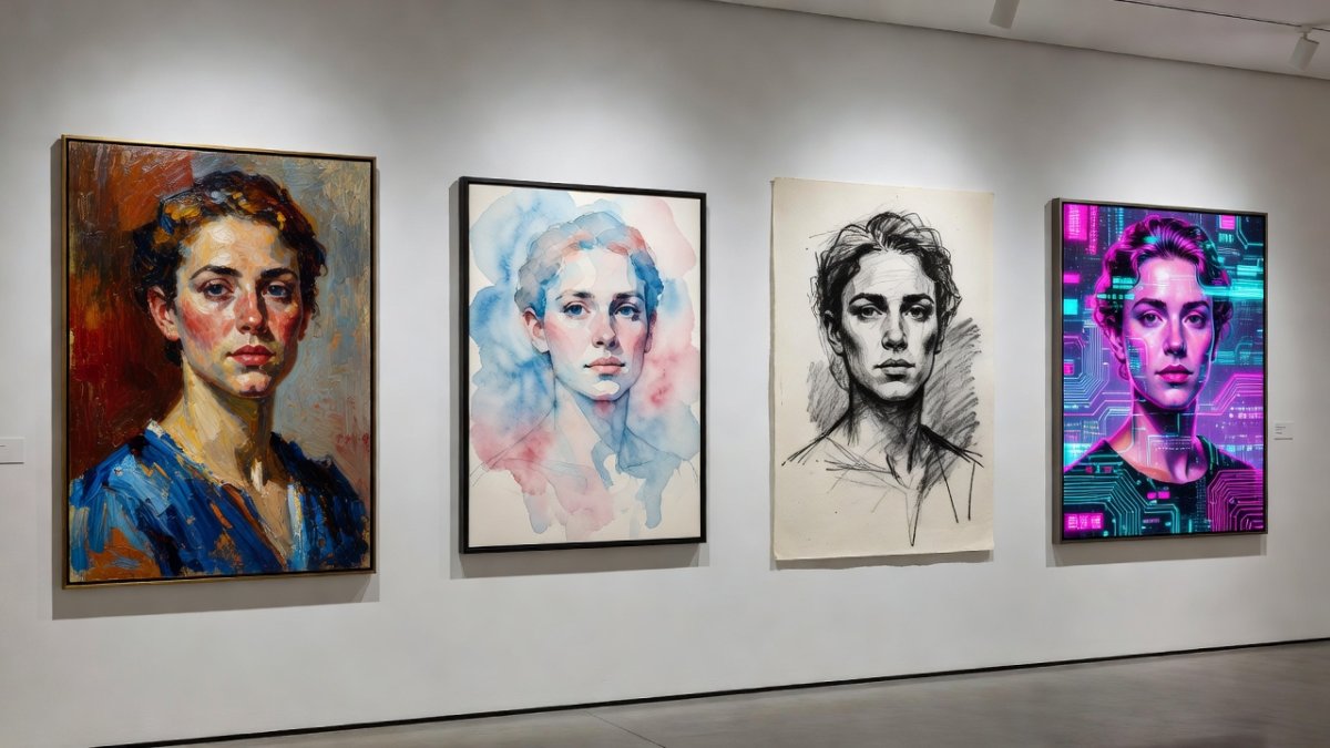 Gallery wall showing the same person rendered in multiple artistic styles, demonstrating identity-preserving generation