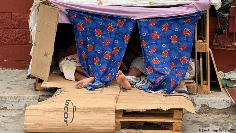 Makeshift cardboard tents at the Tarajal industrial park in Ceuta where migrant children are sleeping rough