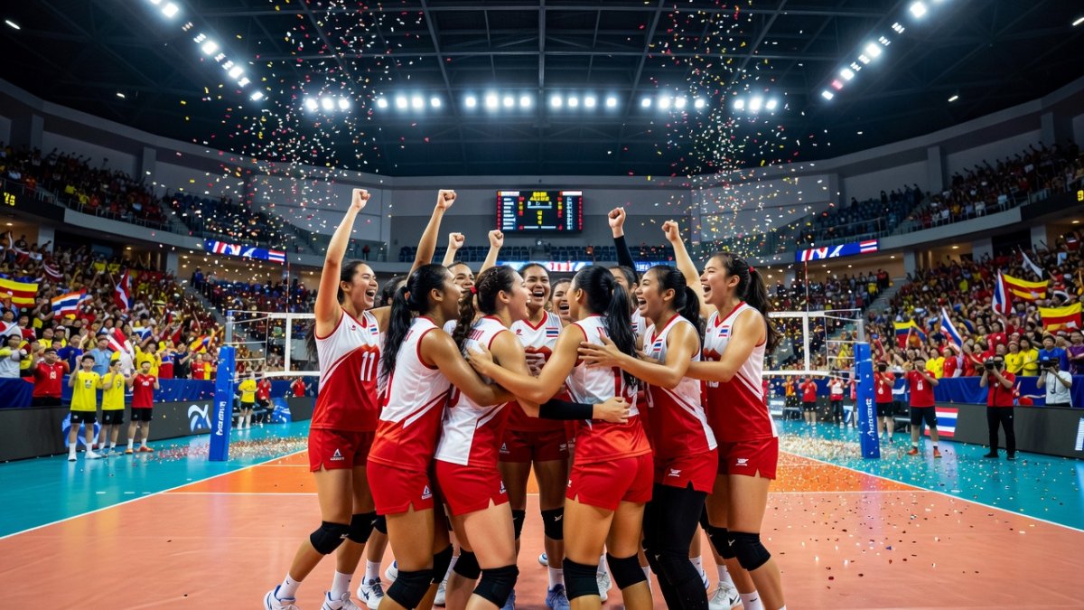 Thai women's volleyball team celebrating their Asian championship victory in Tianjin