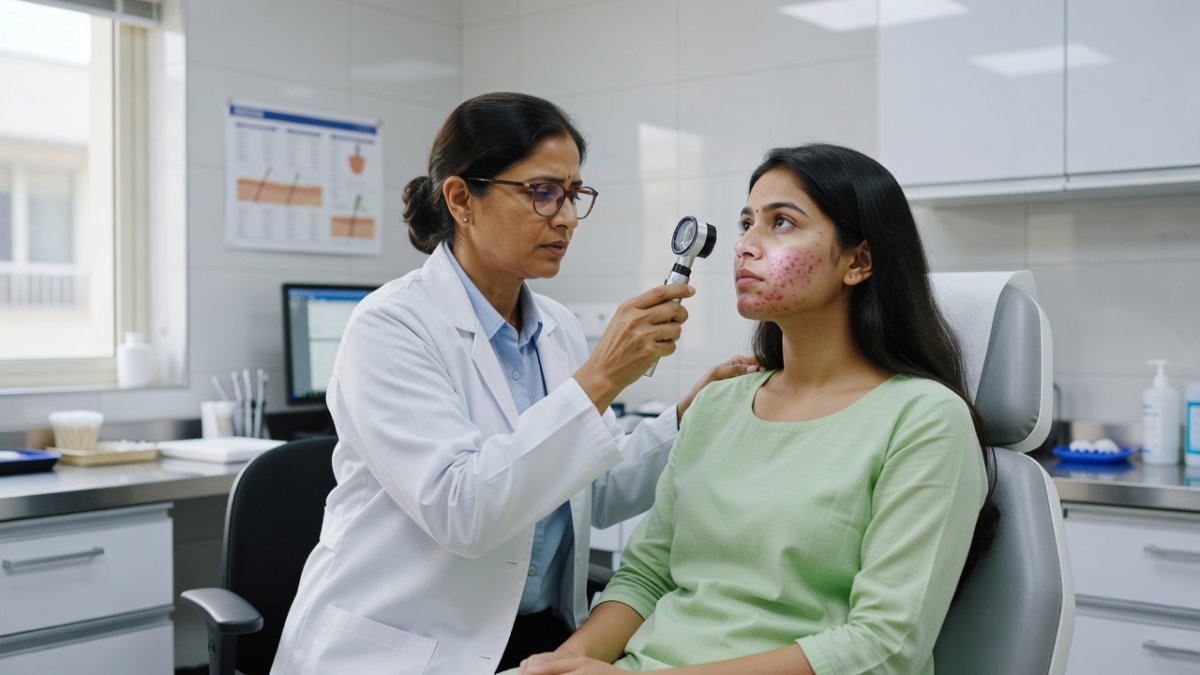 Dermatologist consulting an Indian patient about acne treatment and skincare routine