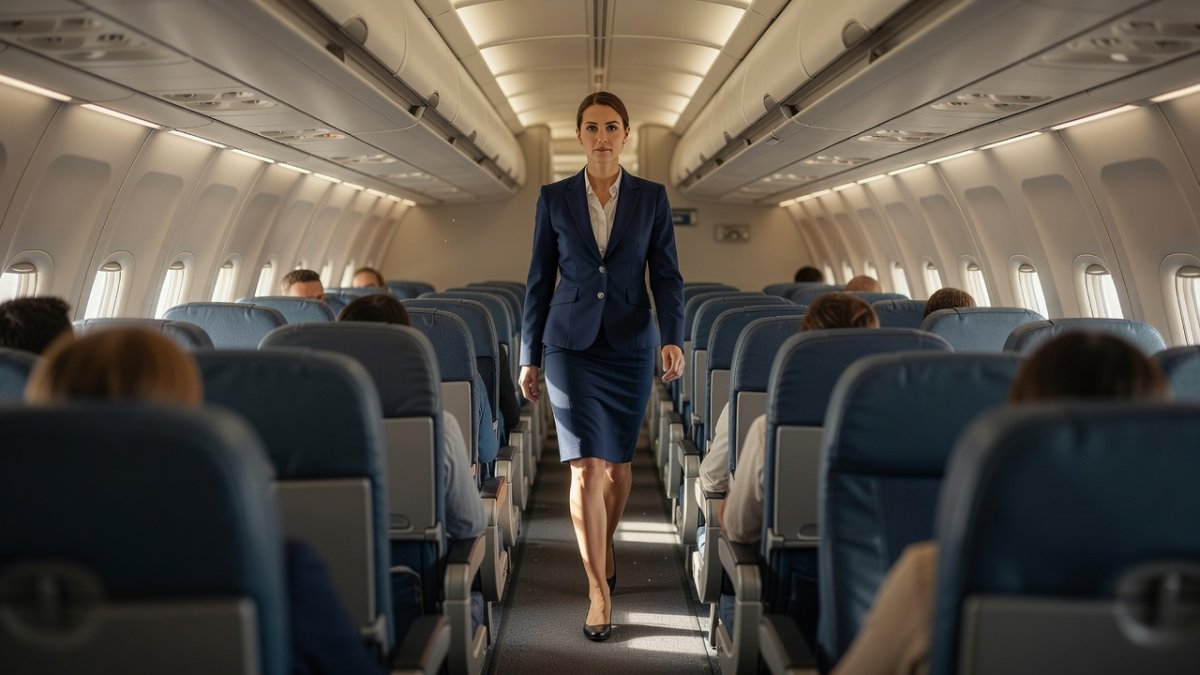 A flight attendant in uniform walking down a commercial aircraft cabin aisle