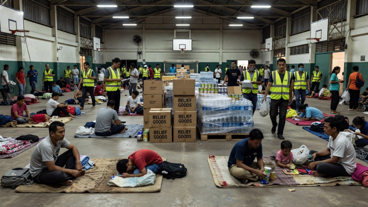 Families sheltered at a municipal gymnasium evacuation center in Occidental Mindoro