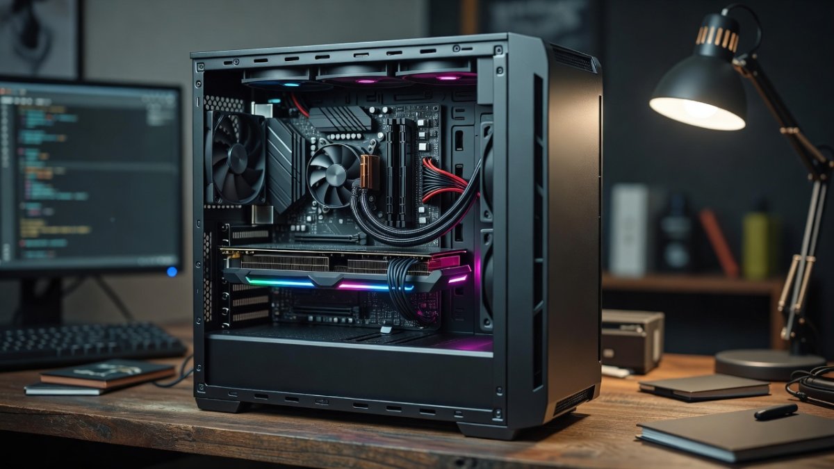 Open desktop PC case showing a powerful GPU card, illustrating local AI hardware requirements