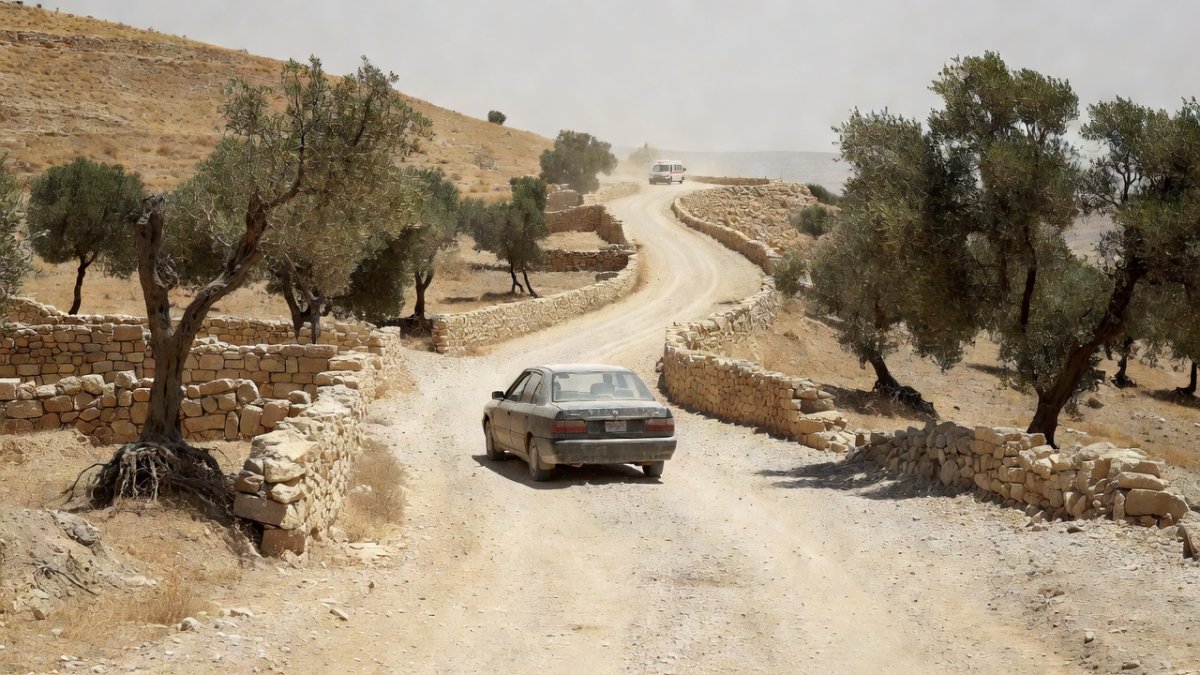 A rural road in the occupied West Bank where masked settlers attacked an NBC News crew