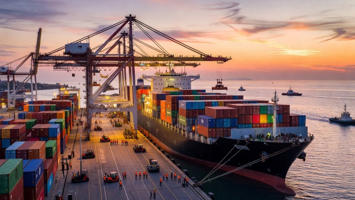 Container cranes loading cargo at an international port