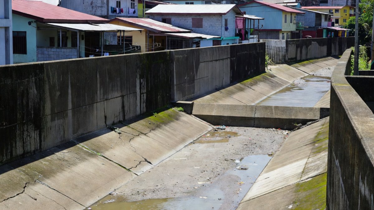 Flood control infrastructure along a river in Metro Manila — projects at the center of the multibillion-peso corruption probe