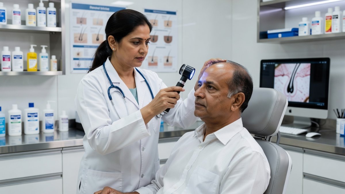 Dermatologist examining a patient's scalp in a modern Indian clinic