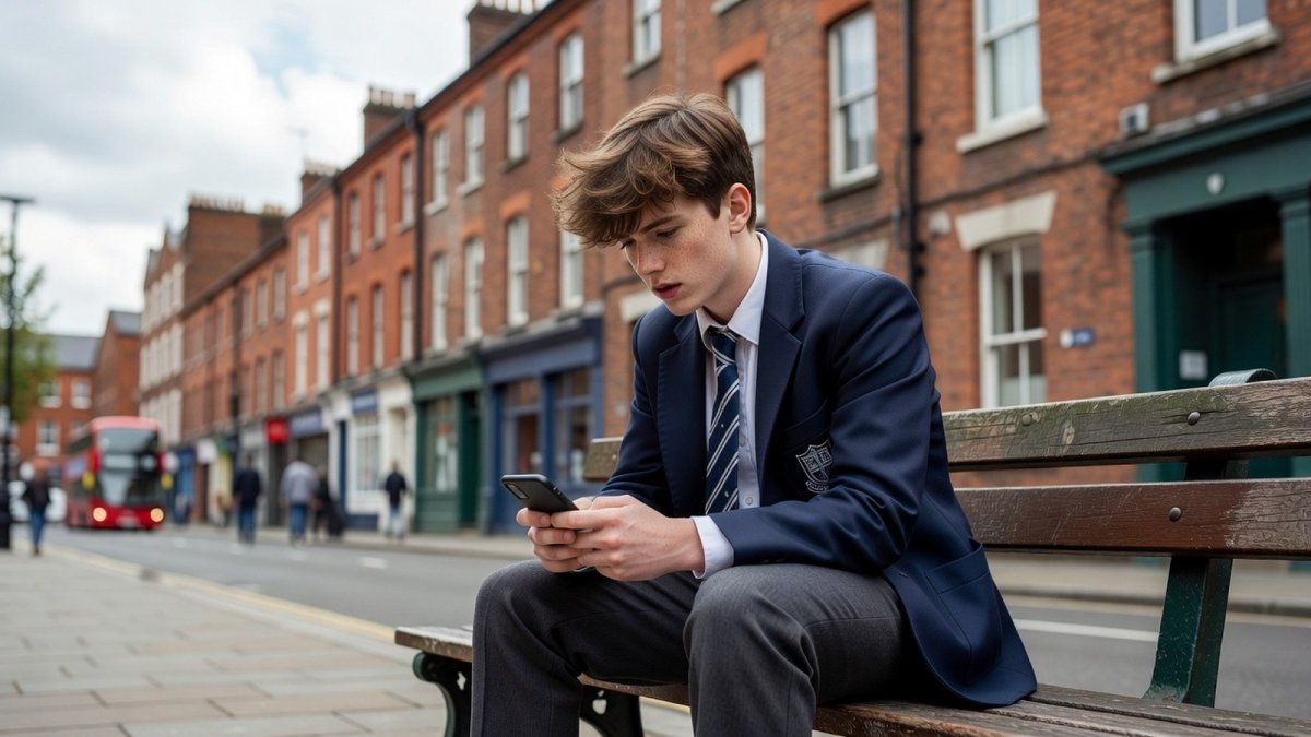 A teenager using a smartphone in London
