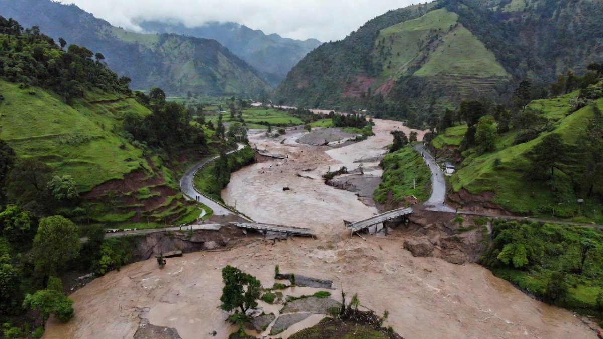 Himalayan river valley after heavy monsoon flooding