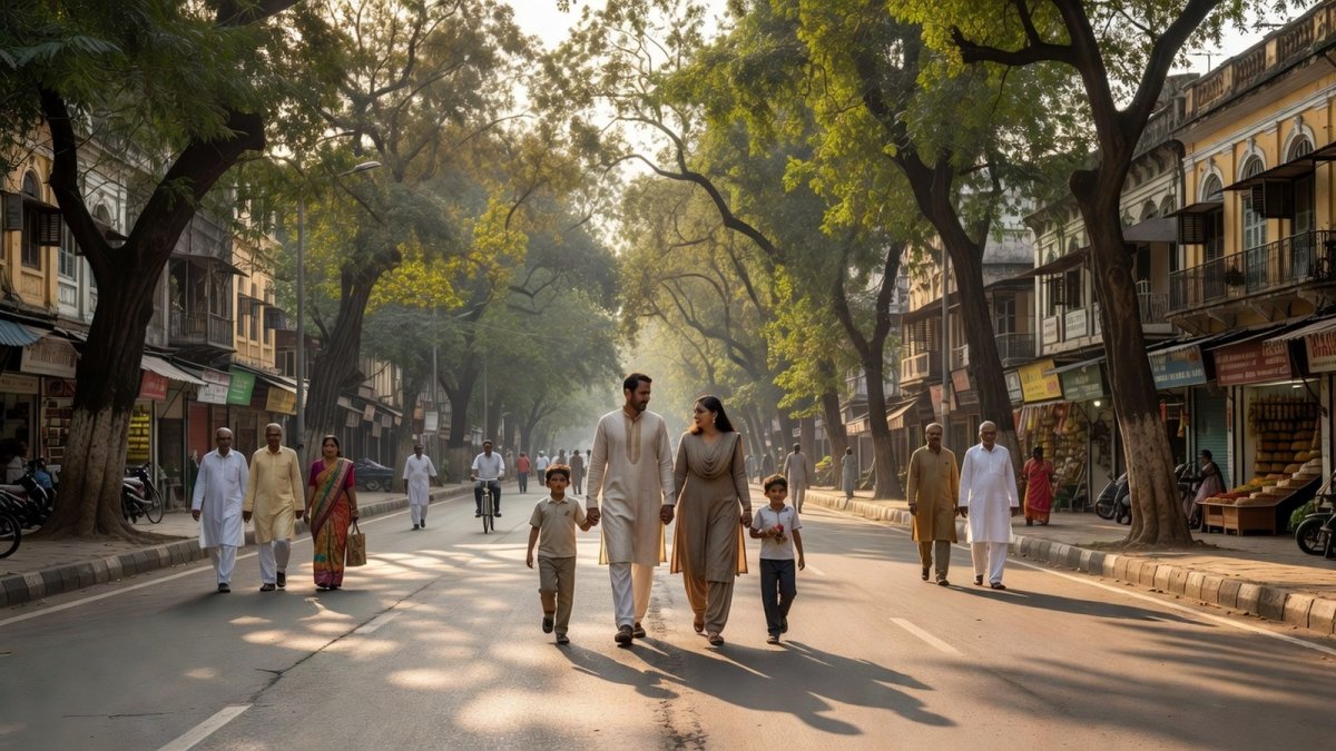A family walking together on a tree-lined street in an Indian city after dinner