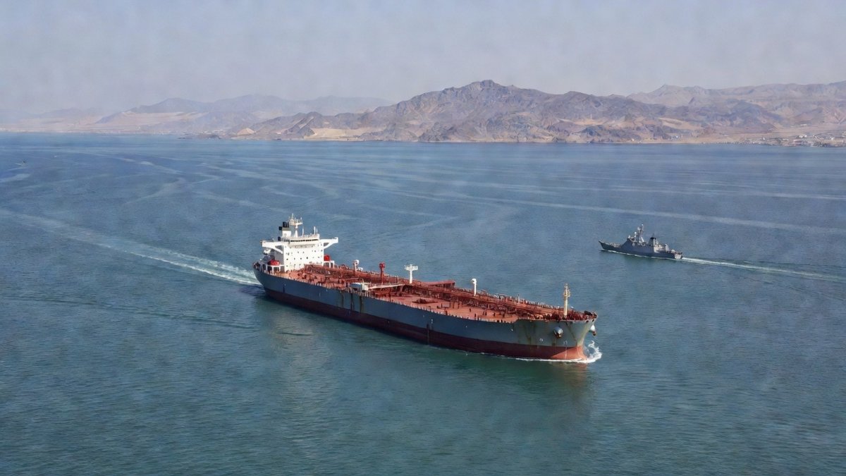 Strait of Hormuz shipping lanes with oil tanker and naval vessels under military escort