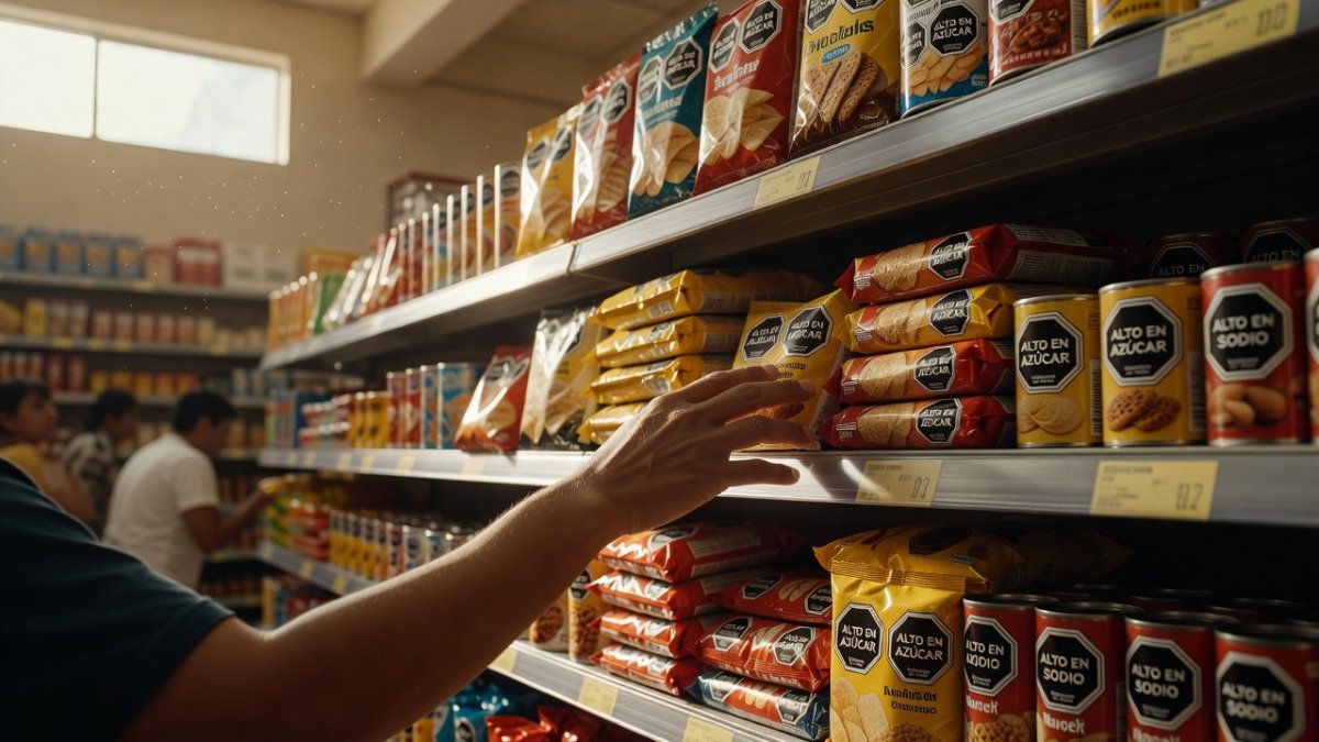 Shoppers in a Latin American supermarket aisle with front-of-package warning labels