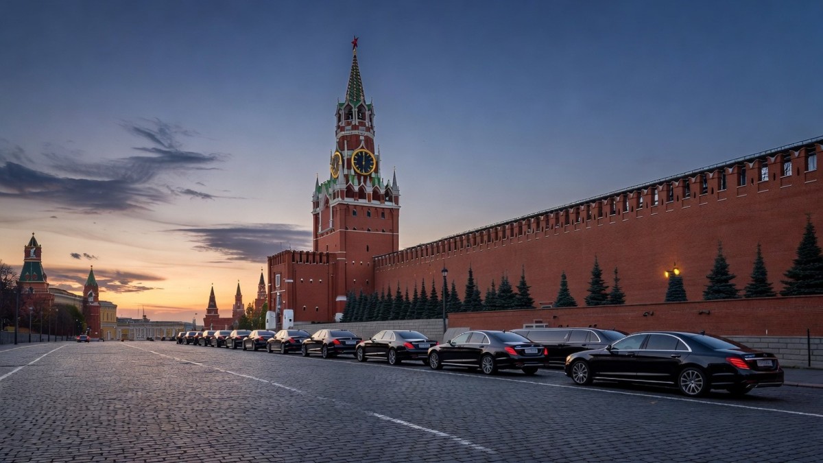 Moscow’s Kremlin walls and Spasskaya Tower at dusk ahead of the Witkoff-Kushner visit