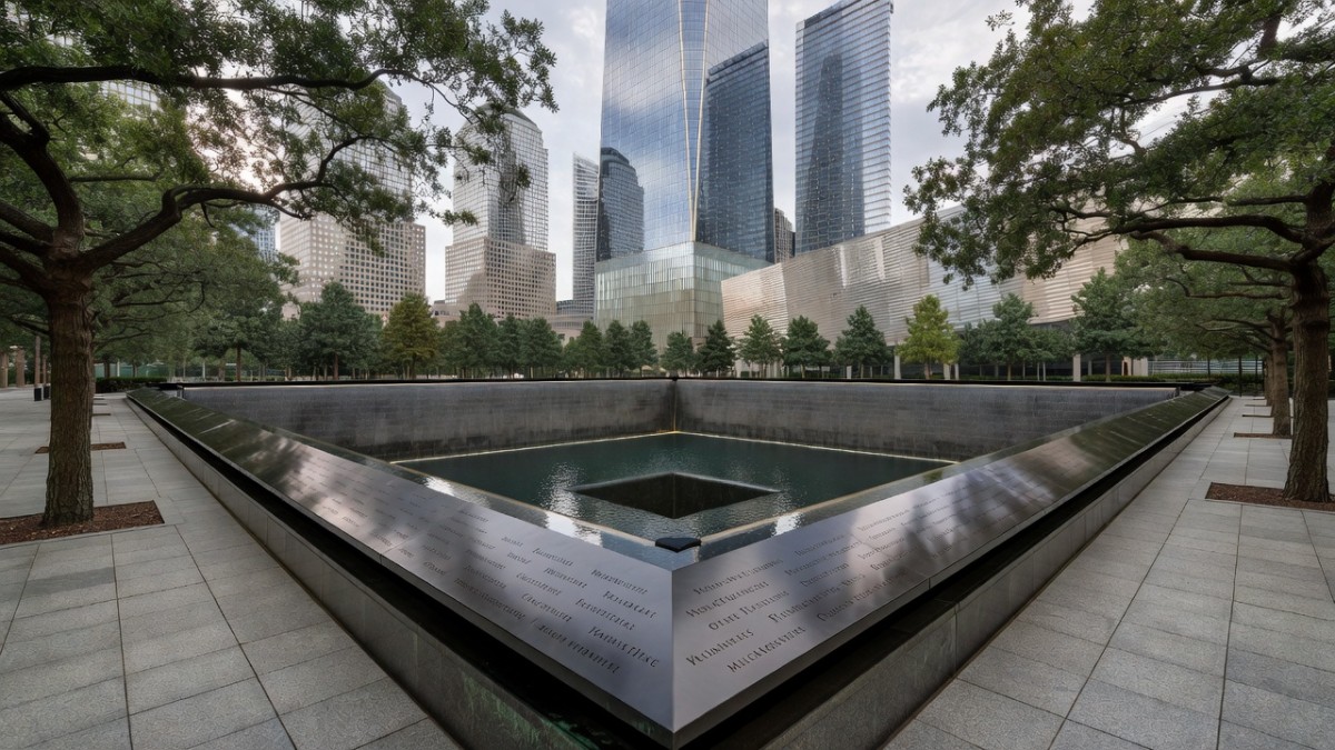 The National September 11 Memorial reflecting pools in New York City, where victims' families continue to press for answers on the 25th anniversary of the attacks.
