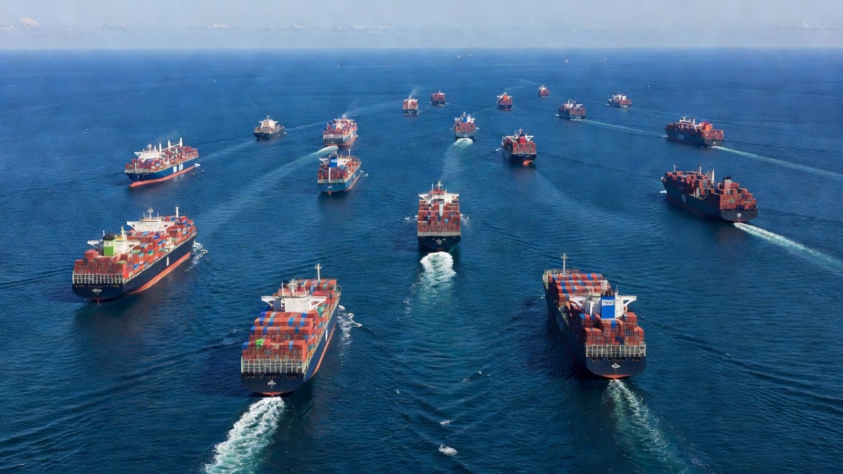 Container and cargo vessels transiting shipping lanes in the western Pacific
