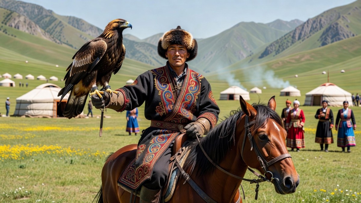 A Kyrgyz eagle hunter demonstrates traditional falconry at the World Nomad Games