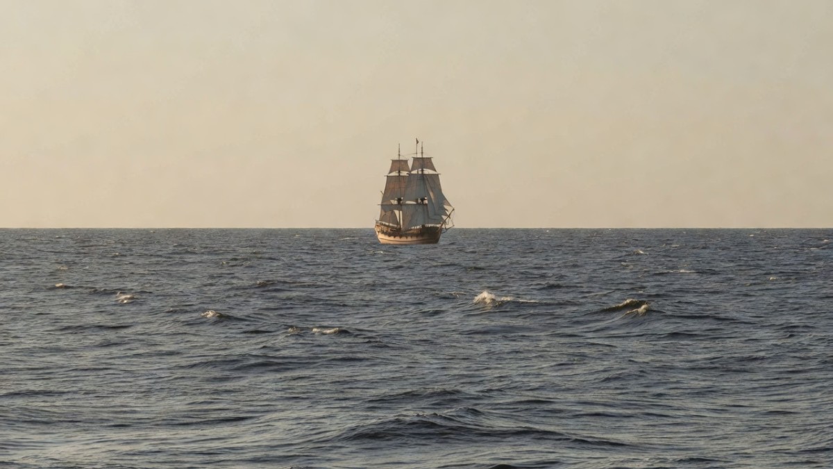 A sailing ship crosses the Atlantic on a voyage recalling the era of the trans-Atlantic slave trade