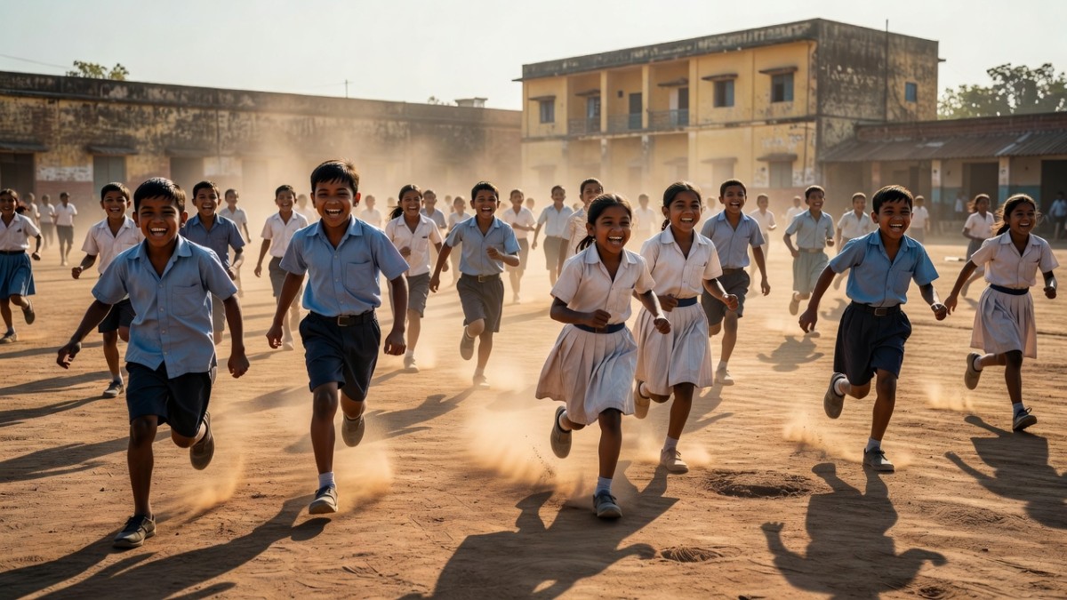 Indian schoolchildren playing outdoor sports in a school ground