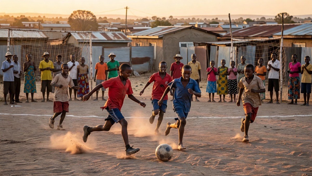 Young players on a dusty township football pitch in South Africa at golden hour