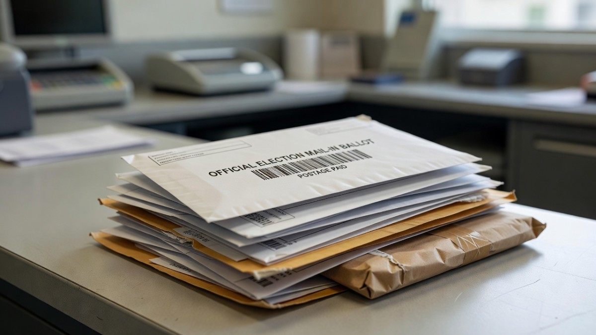 Mail-in ballot envelope with barcode at a postal counter