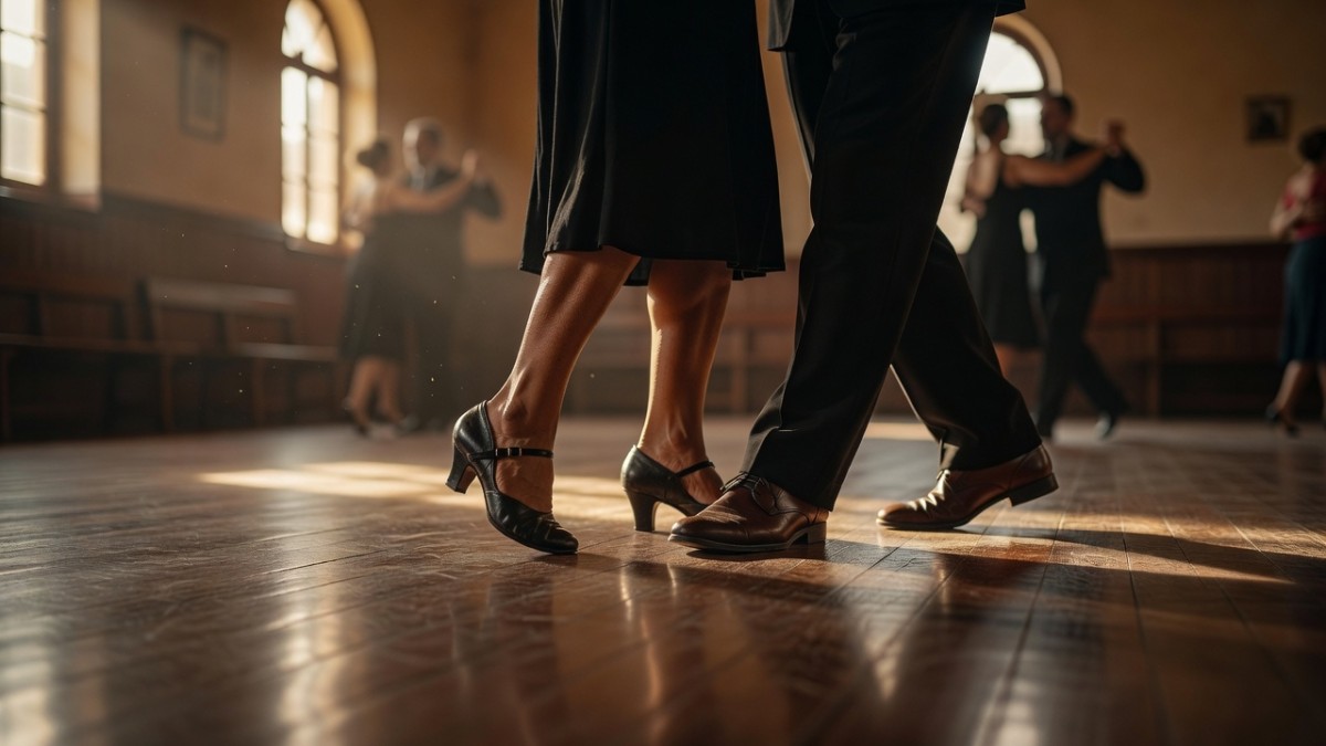 Close-up of tango footwork on a Buenos Aires dance floor
