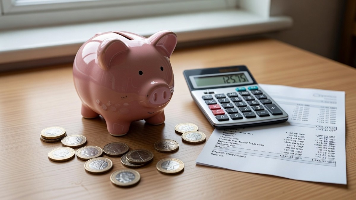 Piggy bank and British pound coins representing personal savings