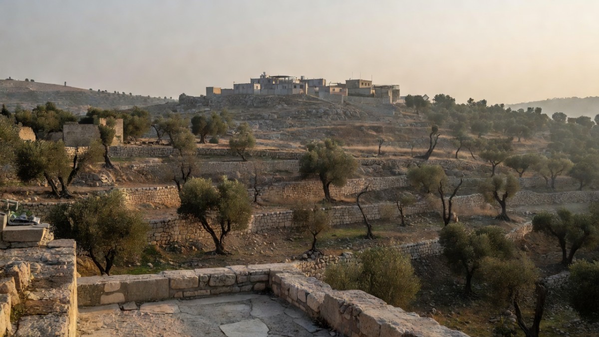 A settlement outpost visible on a hilltop above olive groves near the West Bank village of Turmus Ayya