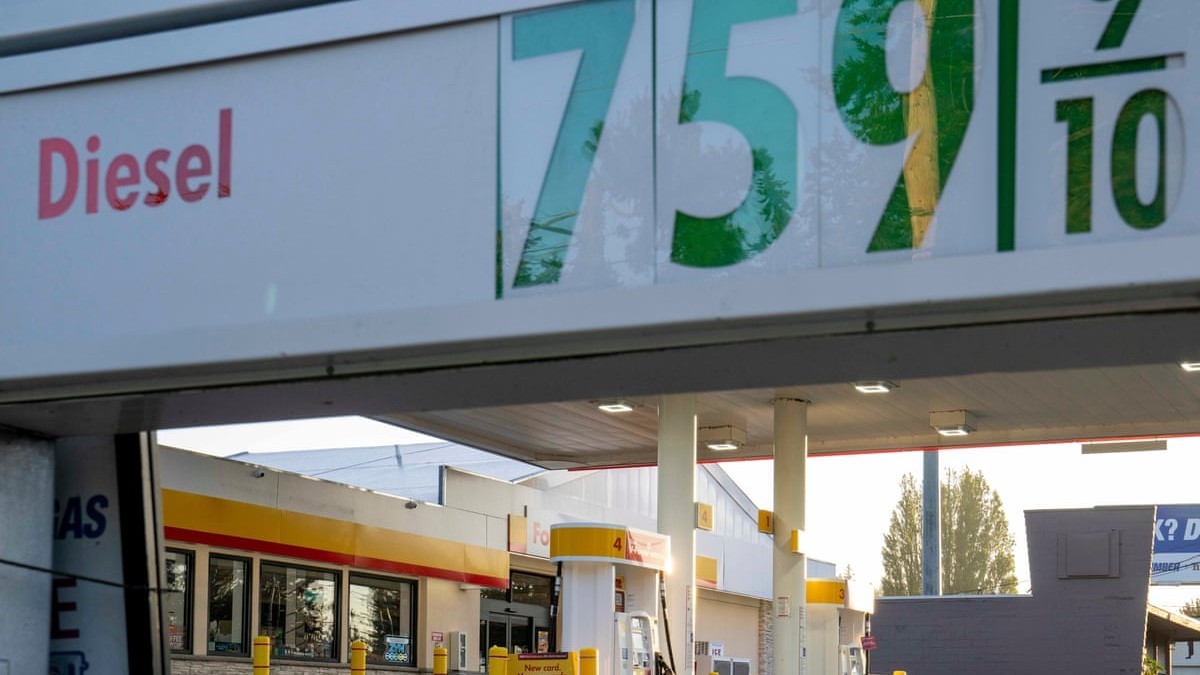 A Shell filling station in Shoreline, Washington, showing diesel at 7.59 dollars a gallon. Photograph: M Scott Brauer/ZUMA Press Wire/Shutterstock
