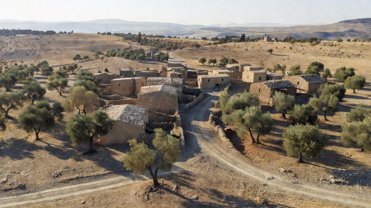 A rural village on the dry agricultural plateau of Quneitra province in southern Syria